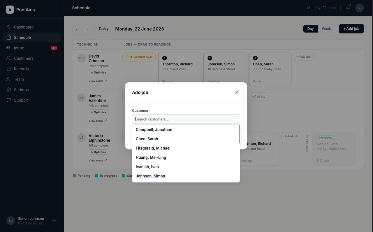 PoolAxis add job modal for choosing customer, pool, technician, and date