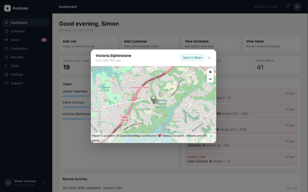 PoolAxis dashboard technician location popup showing live GPS on a map