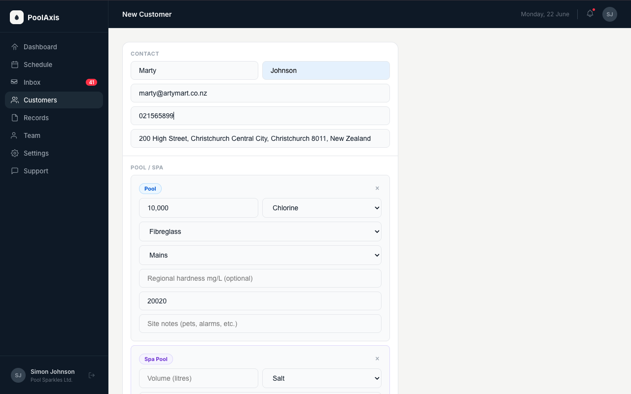 PoolAxis add customer form with customer, pool, and service plan fields