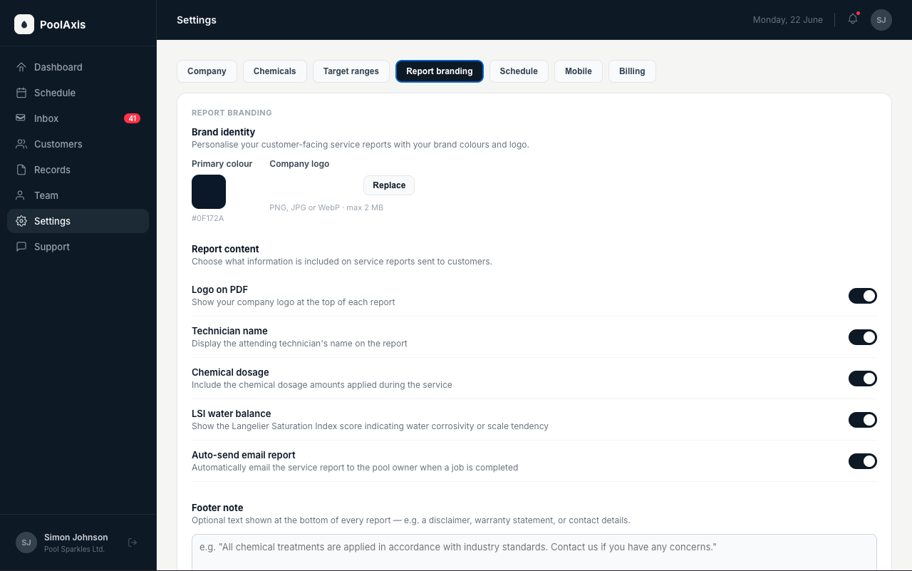 PoolAxis report branding settings with logo, colour, and auto-send options