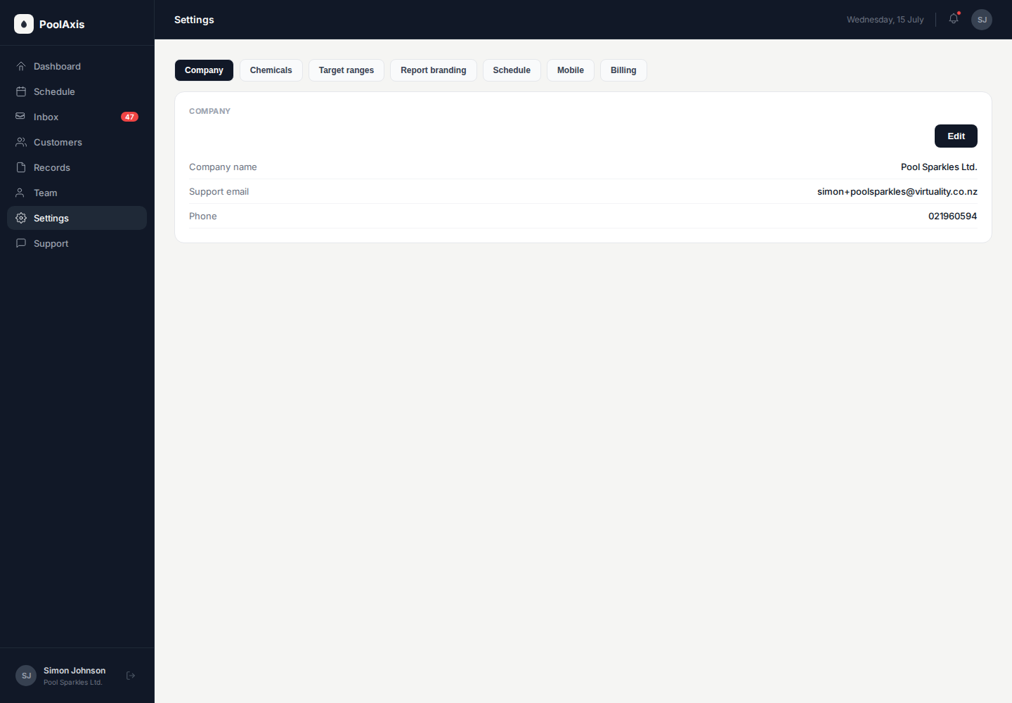 PoolAxis settings Company tab showing company name, support email, and phone