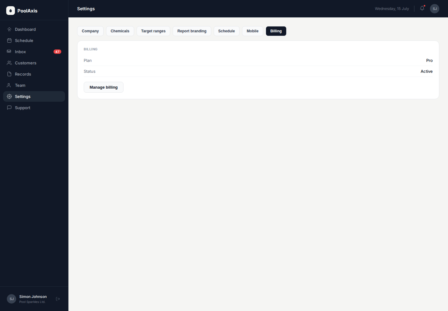 PoolAxis settings Billing tab showing plan, status, and Manage billing button