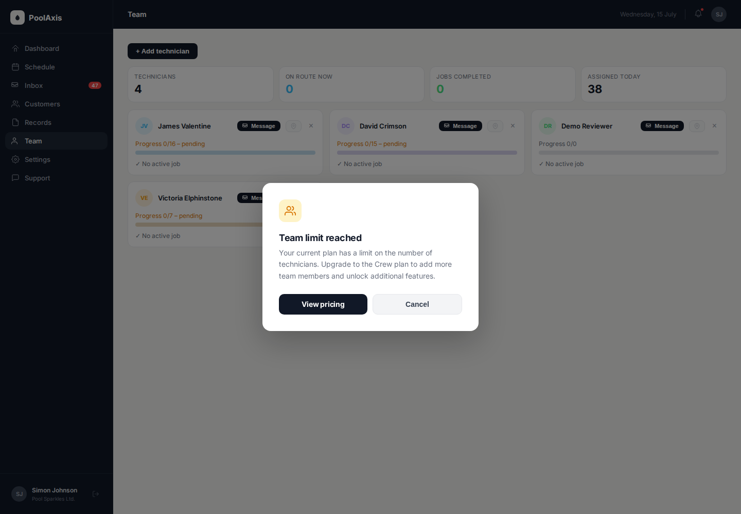 PoolAxis Add technician invite panel with name and email fields