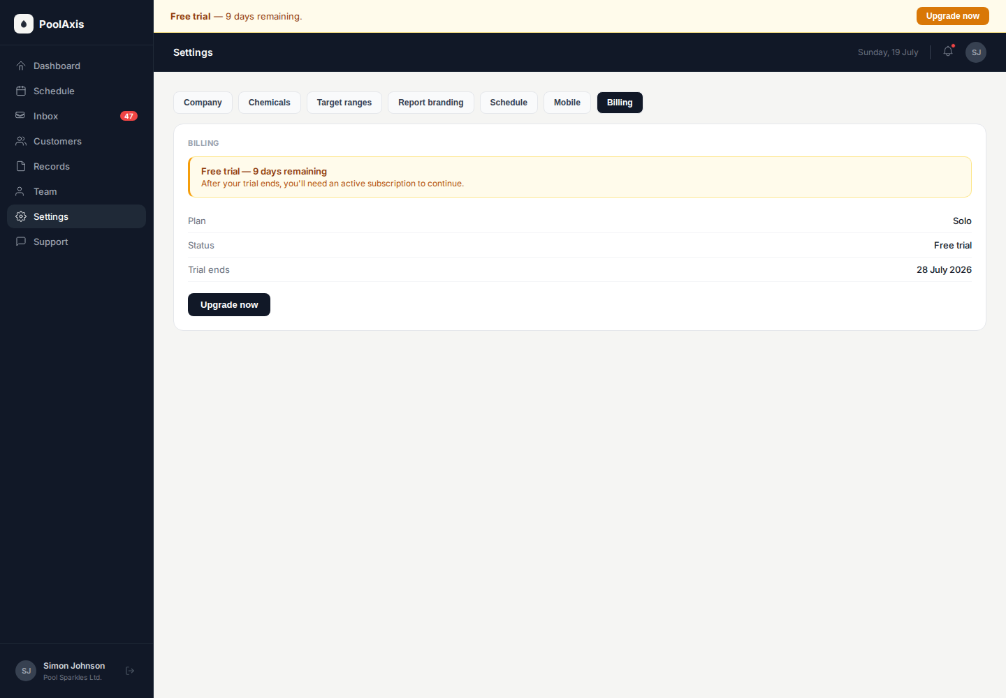 PoolAxis settings Billing tab during a free trial, showing days remaining and the Upgrade now button