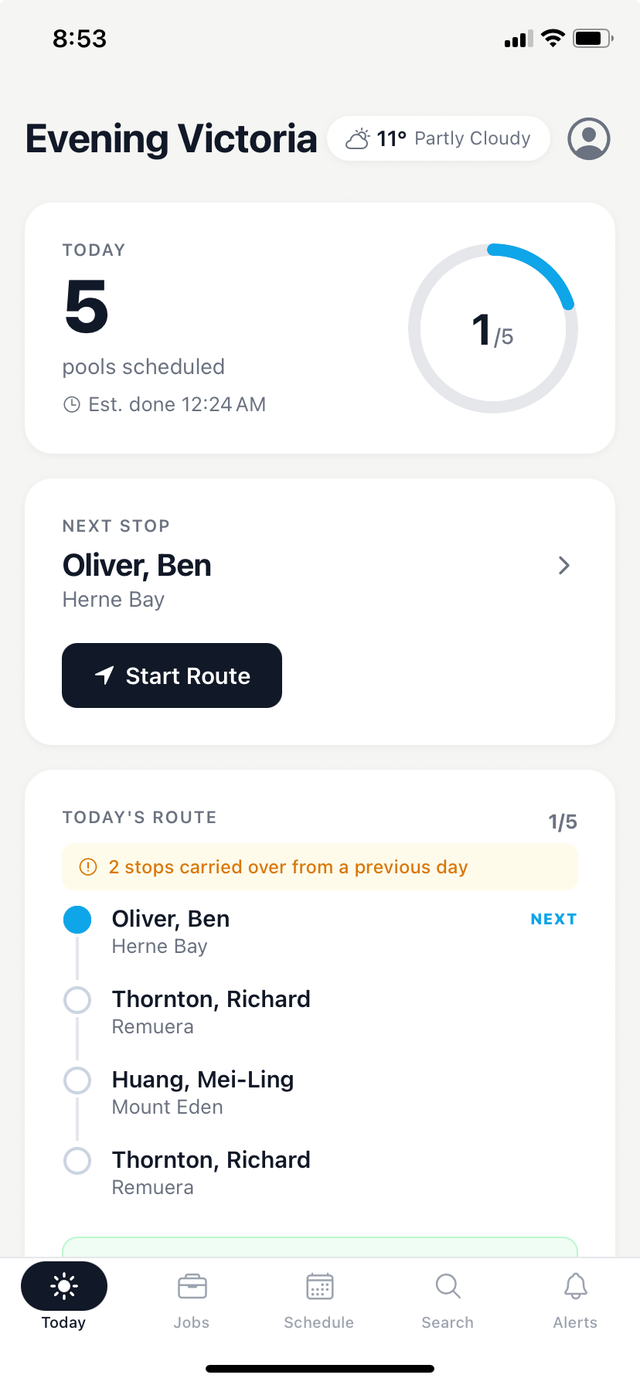 PoolAxis app home screen showing today's run sheet