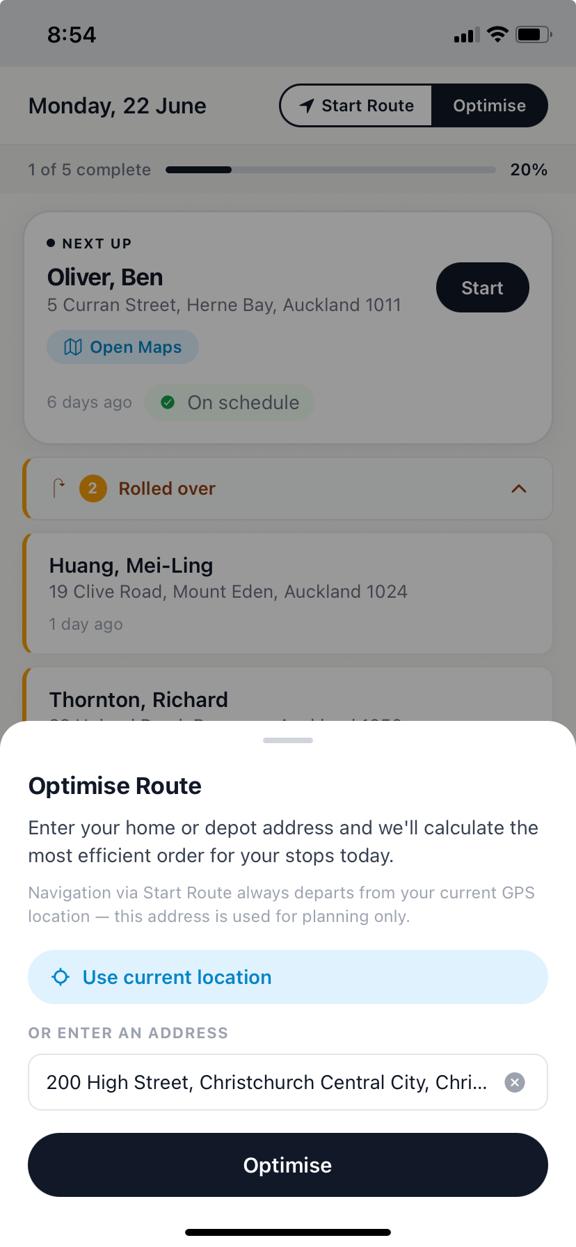 PoolAxis optimise route sheet with current location and custom address options