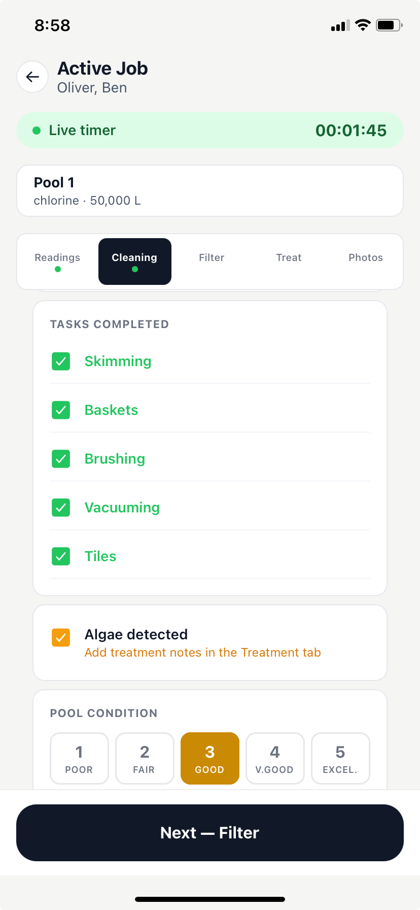PoolAxis cleaning tab with completed task checklist and pool condition controls