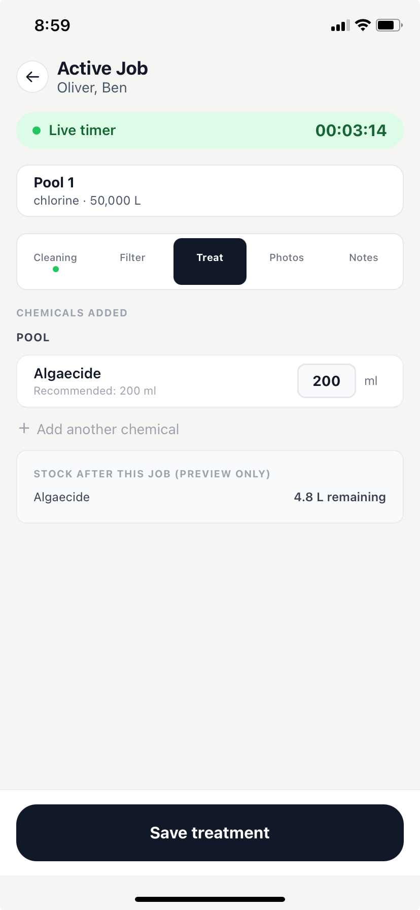 PoolAxis treatment tab showing recommended dosing and actual treatment fields
