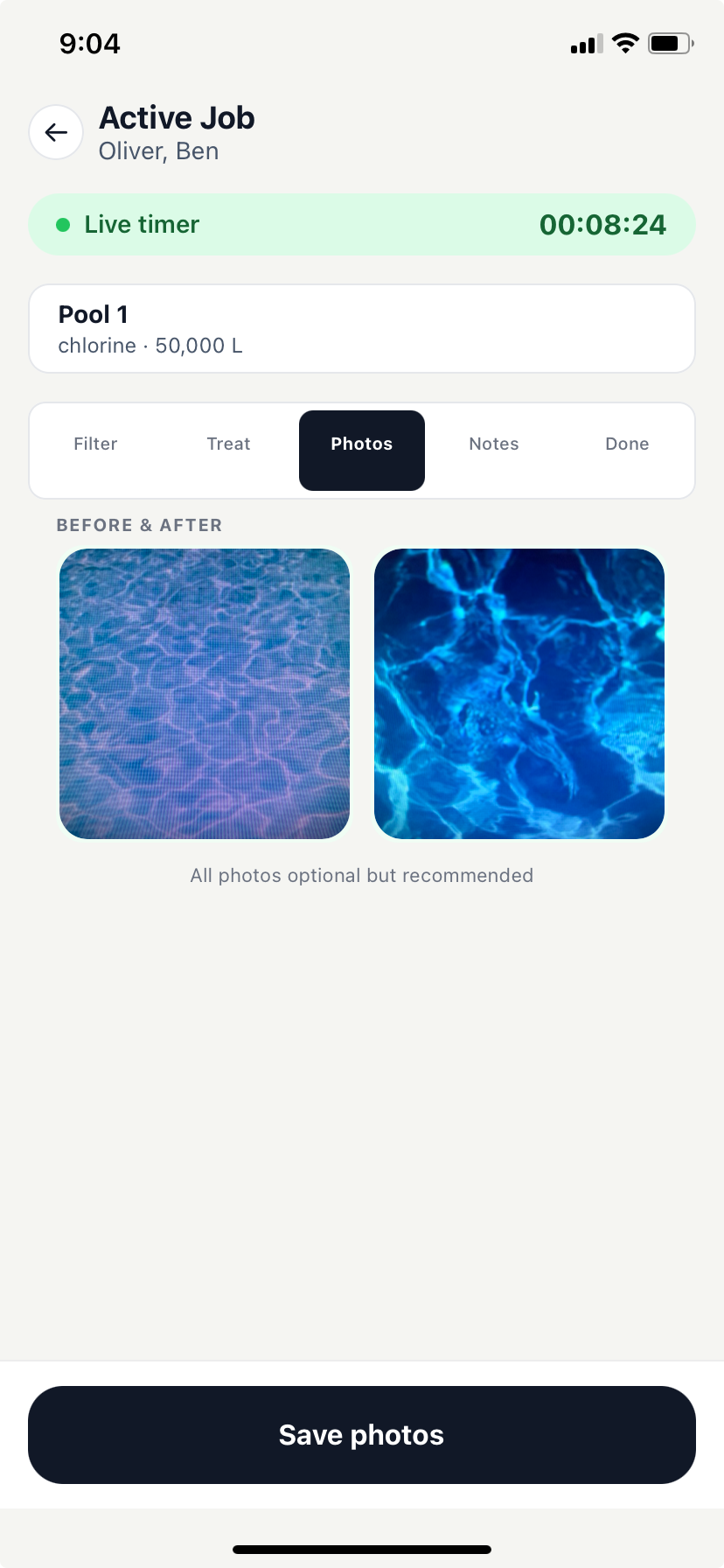 PoolAxis photos tab with photo upload actions
