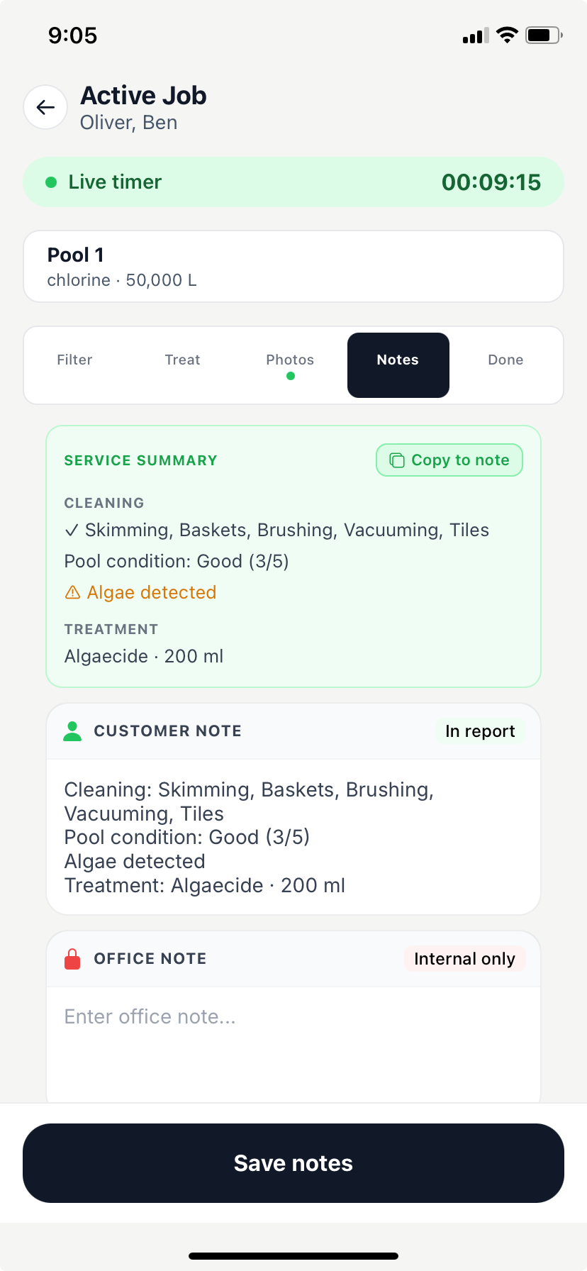 PoolAxis notes tab with customer and office notes fields
