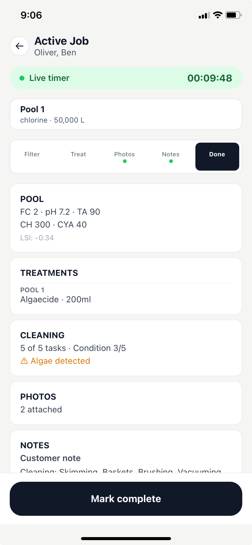 PoolAxis complete job confirmation screen