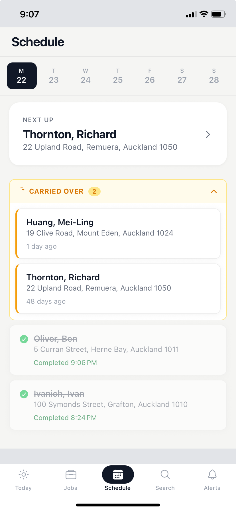 PoolAxis mobile schedule tab showing seven-day strip and scheduled jobs
