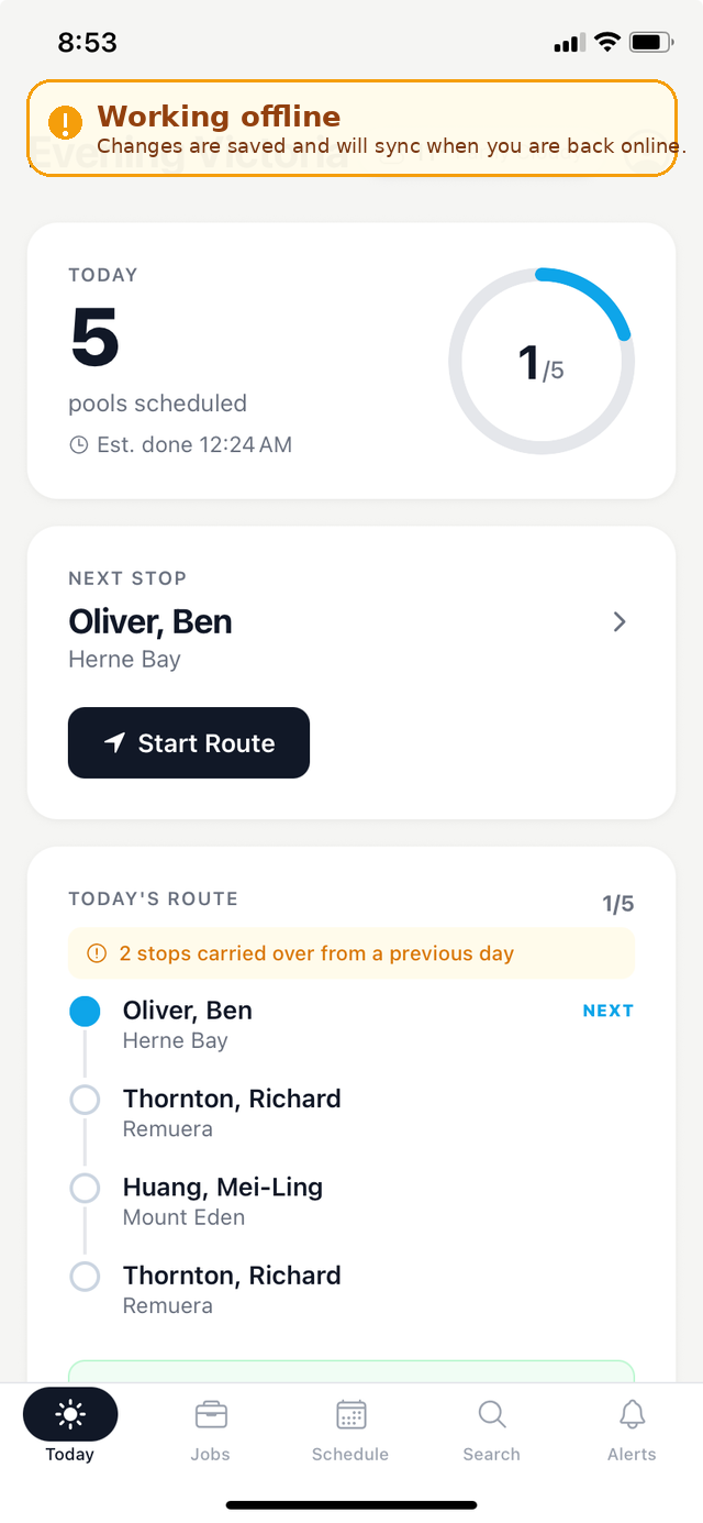 PoolAxis technician app Today screen showing the offline sync banner