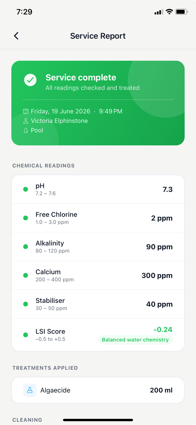 Poolside service report showing chemical readings and technician note