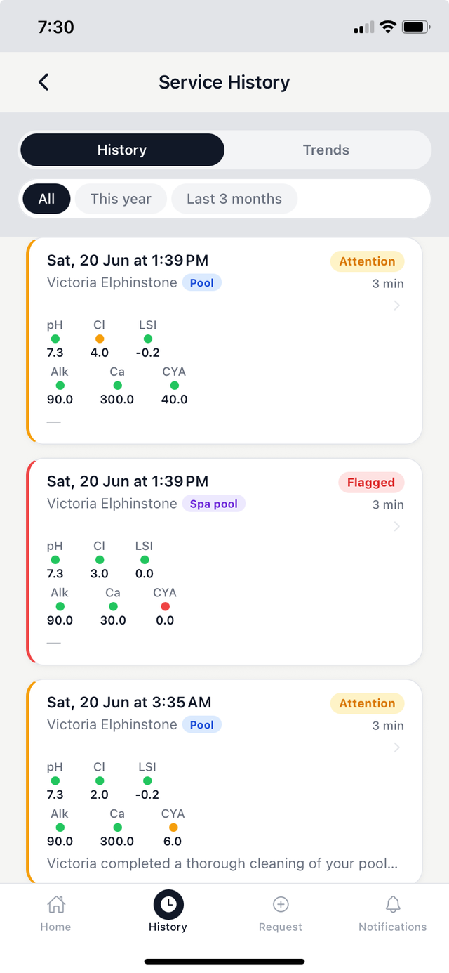 Poolside service history list showing past visits