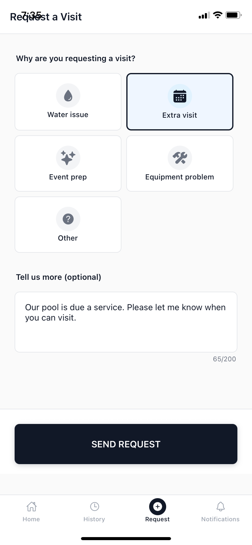 Poolside request a visit form with reason options and details field