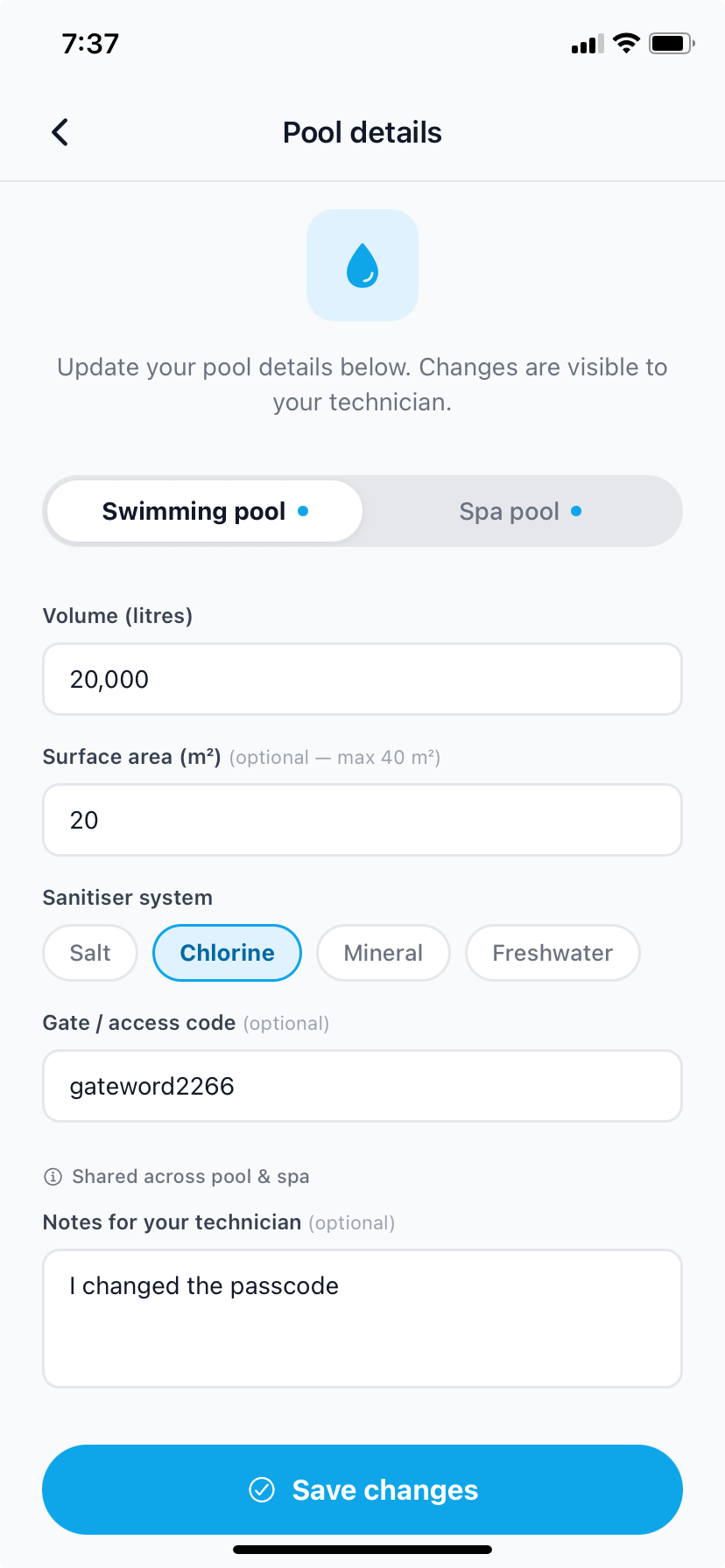 Poolside pool details form for volume, surface area, sanitiser, gate code, and technician notes