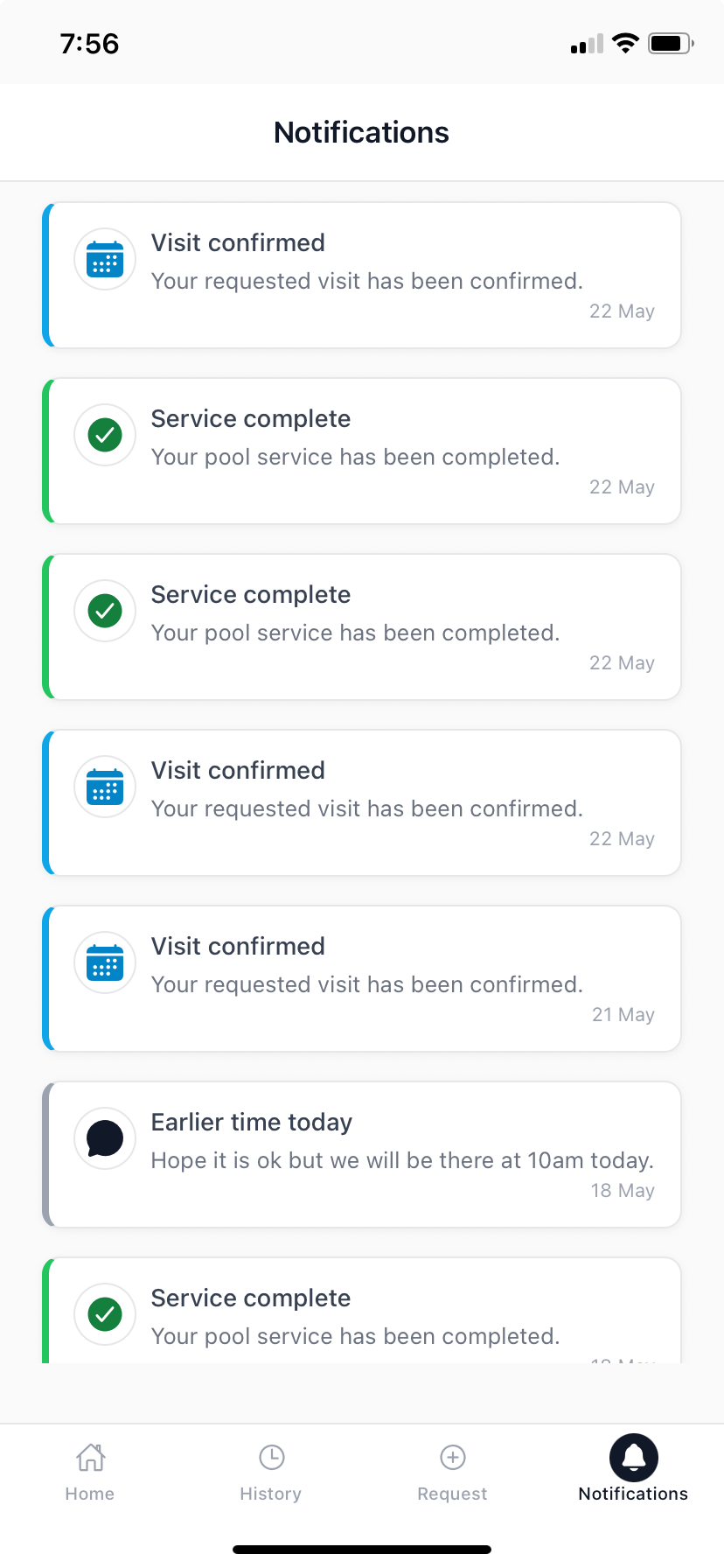 Poolside notifications list showing confirmed visits and completed service updates