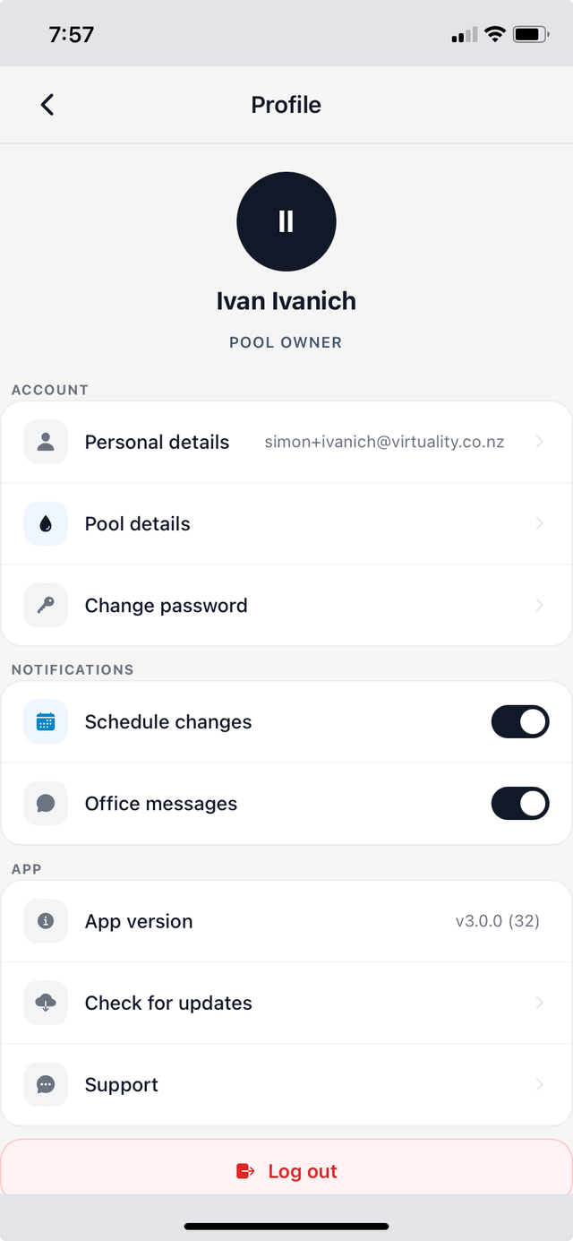 Poolside profile screen showing account details and notification settings